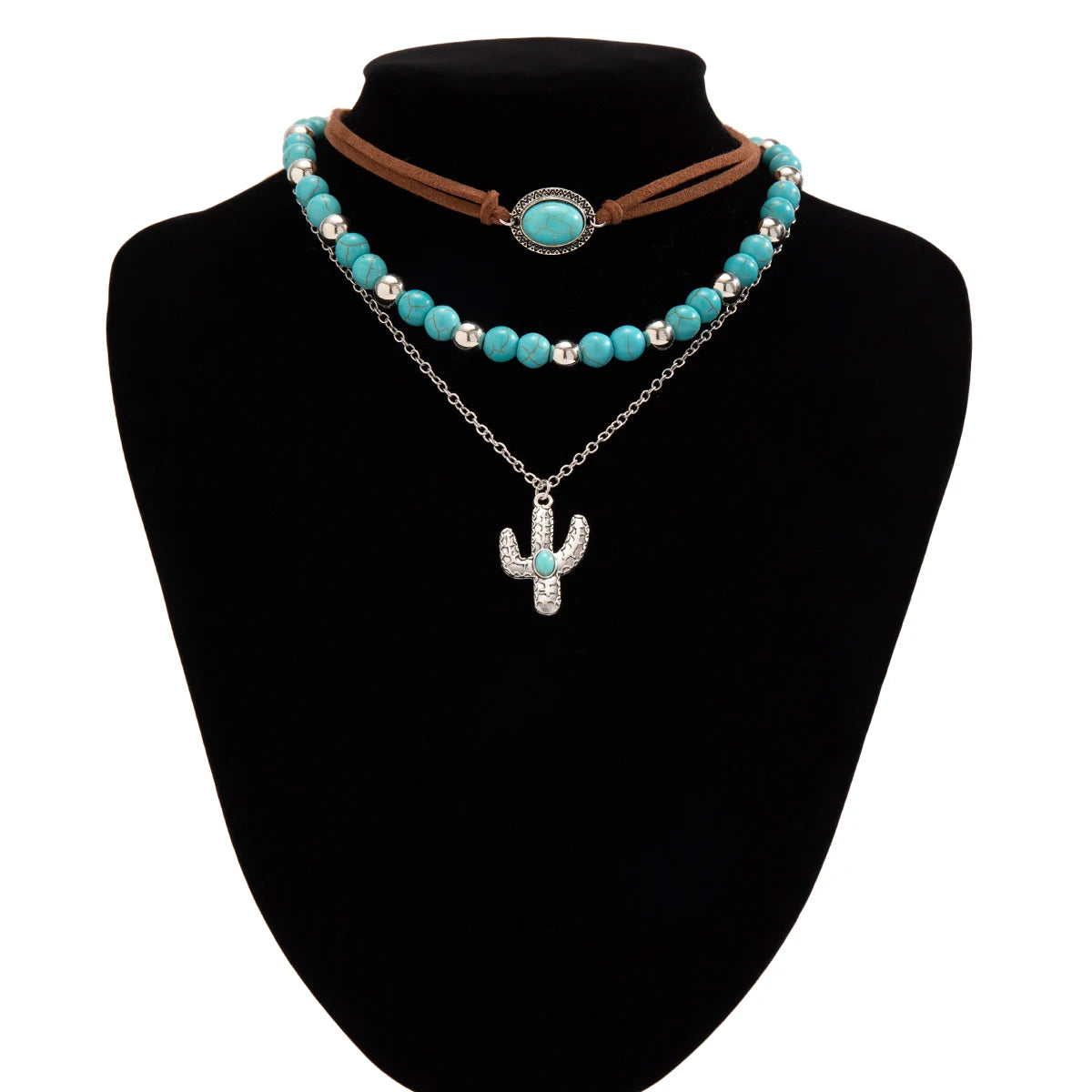 Bohemian Multilayer Stone Bead Necklace - Cactus Cross Pendant Choker Set for Women