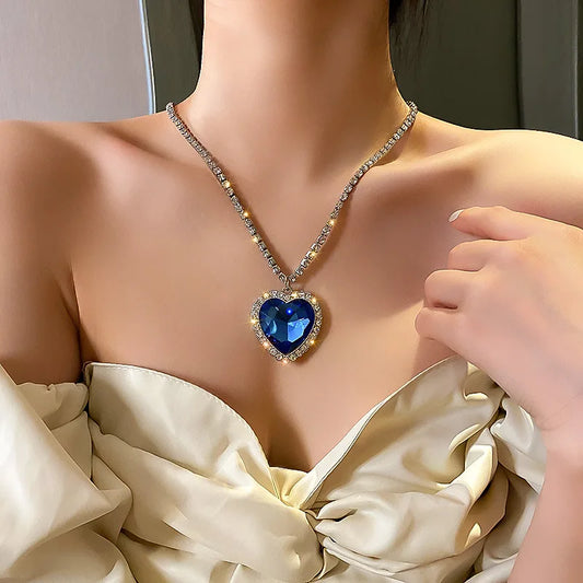 Ocean Heart Crystal Necklace - Luxury Rhinestone Pendant for Women