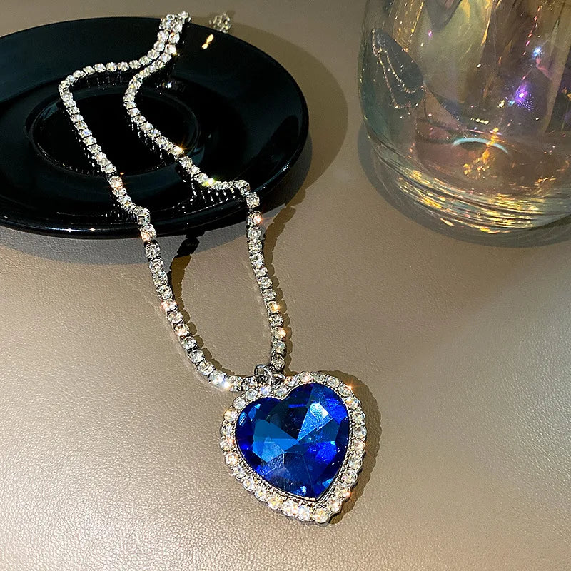 Ocean Heart Crystal Necklace - Luxury Rhinestone Pendant for Women