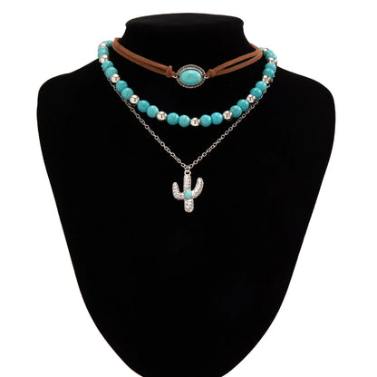 Bohemian Multilayer Stone Bead Necklace - Cactus Cross Pendant Choker Set for Women