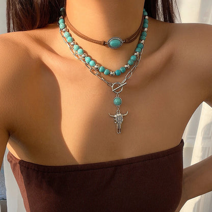 Aurelia 3pcs Boho Turquoise Bull Pendant Necklace Set