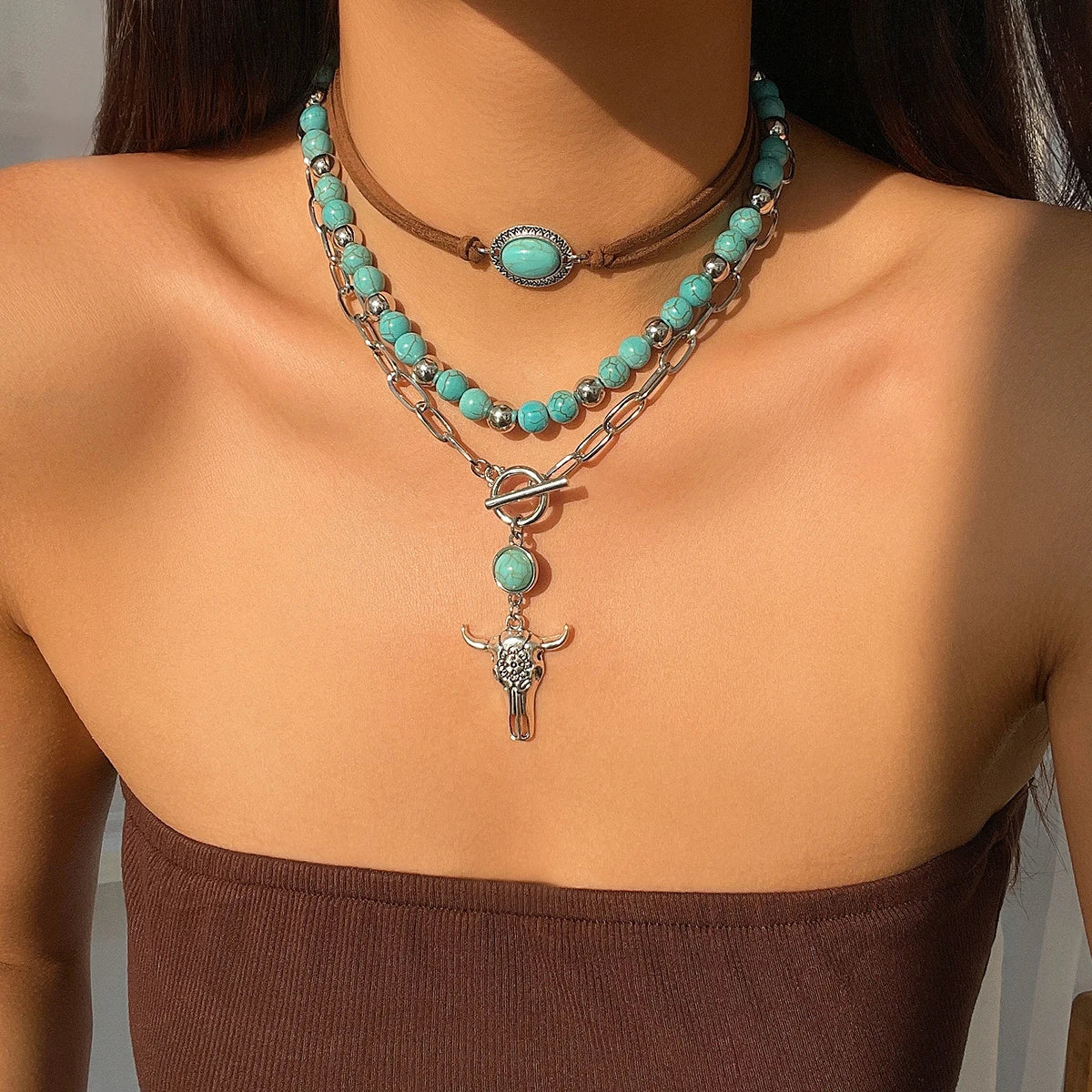 Aurelia 3pcs Boho Turquoise Bull Pendant Necklace Set