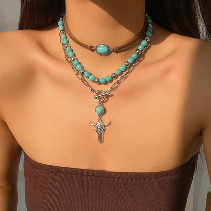 Aurelia 3pcs Boho Turquoise Bull Pendant Necklace Set