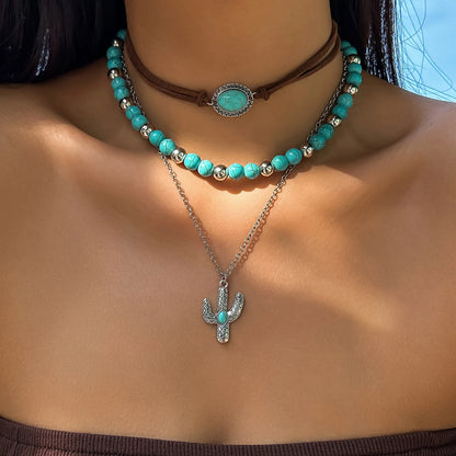 Bohemian Multilayer Stone Bead Necklace - Cactus Cross Pendant Choker Set for Women