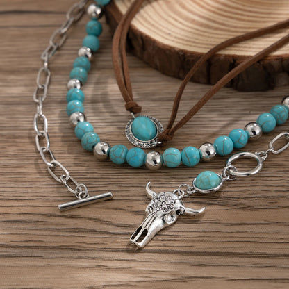 Aurelia 3pcs Boho Turquoise Bull Pendant Necklace Set