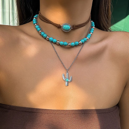 Bohemian Multilayer Stone Bead Necklace - Cactus Cross Pendant Choker Set for Women
