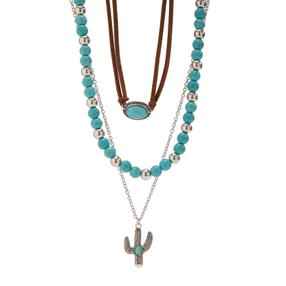 Bohemian Multilayer Stone Bead Necklace - Cactus Cross Pendant Choker Set for Women