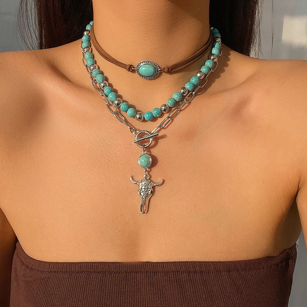 Aurelia 3pcs Boho Turquoise Bull Pendant Necklace Set
