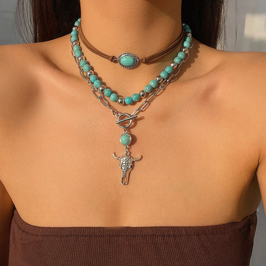 Aurelia 3pcs Boho Turquoise Bull Pendant Necklace Set