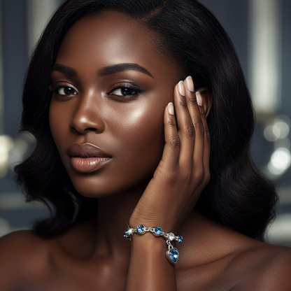 Beautiful Black model holding Lucky Heart Crystal Bracelet - luxury shot