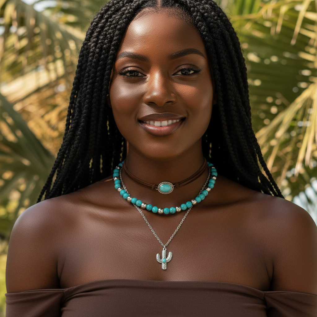 Beautiful Black model wearing bohemian necklace