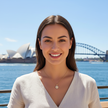 Beautiful woman wearing micro sunflower necklace at Sydney Opera House Australia