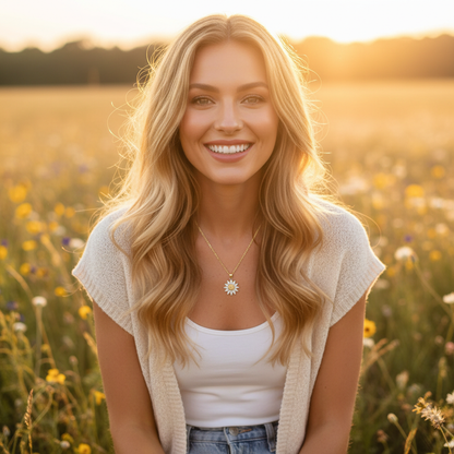 Blonde model wearing sunflower necklace - golden hour