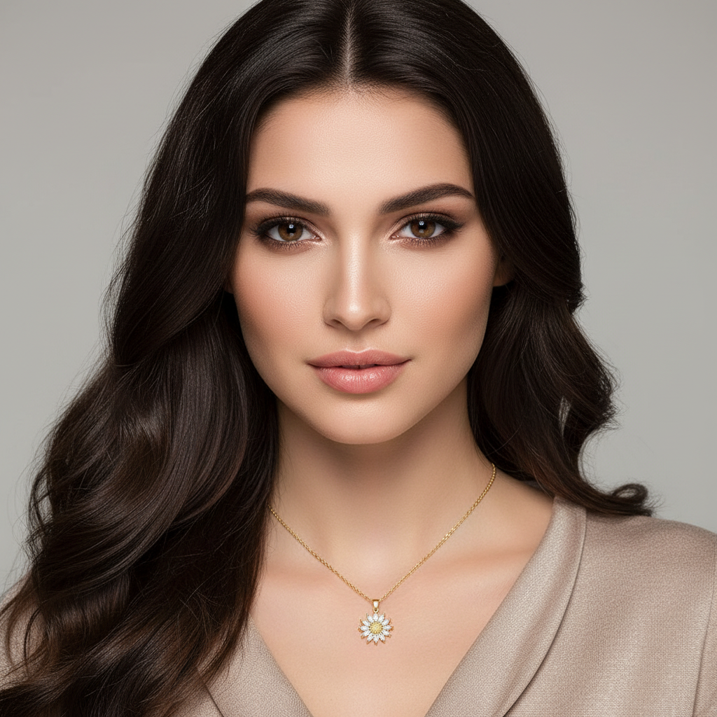 Brunette model wearing sunflower necklace - studio shot