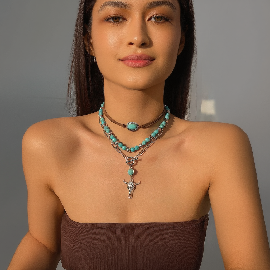 Aurelia 3pcs Boho Turquoise Bull Pendant Necklace Set