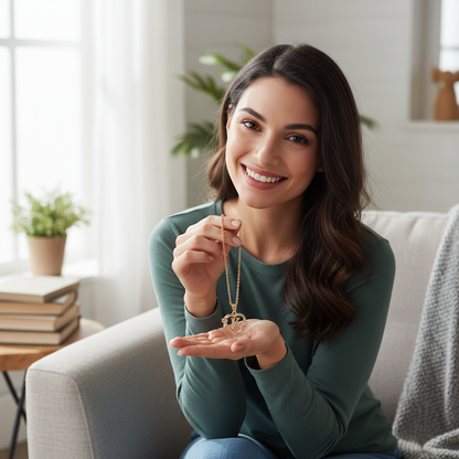 Cliente mostrando o colar recebido em casa