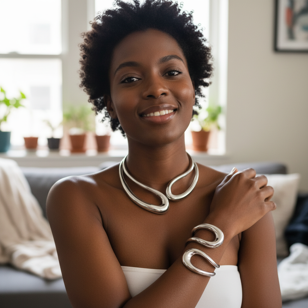 Cliente negra em lingerie mostrando conjunto prateado