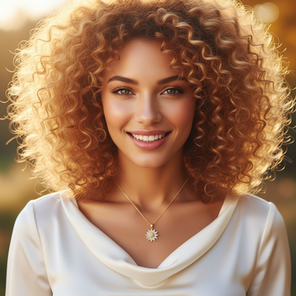 Curly hair model wearing sunflower necklace - joyful