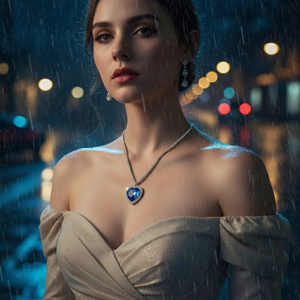 Model wearing the exact product necklace on rainy night