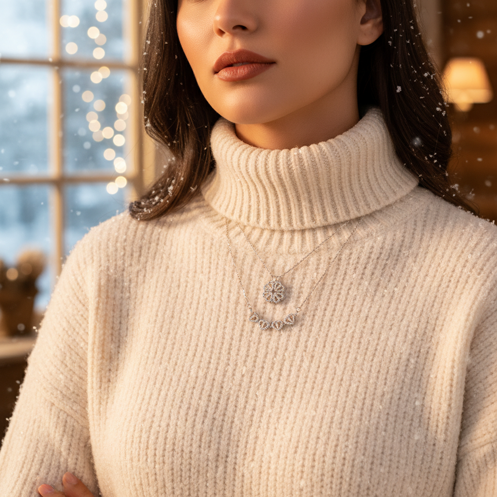 Modelo brasileira em look de inverno - close no Heart Clover Necklace