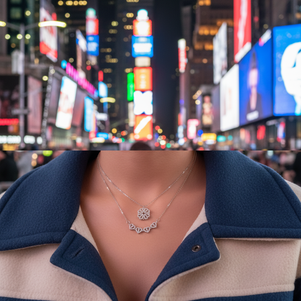 Modelo brasileira na Times Square - close no Heart Clover Necklace