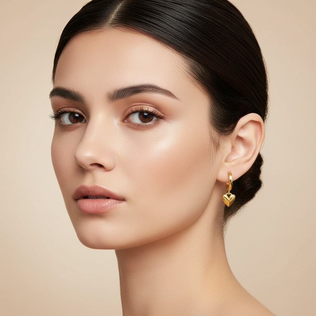 Modelo com brincos de coração nas duas orelhas