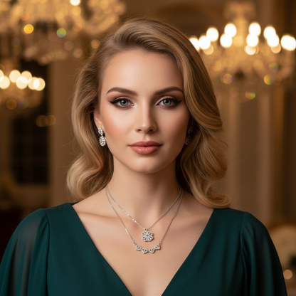 Modelo loira em festa chique usando Heart Clover Necklace