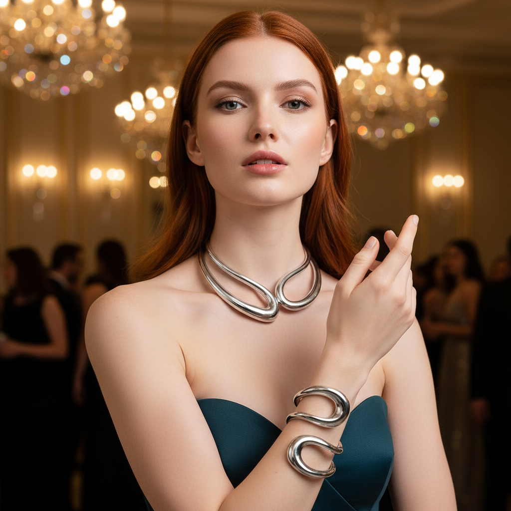 Modelo ruiva com conjunto prata em evento elegante