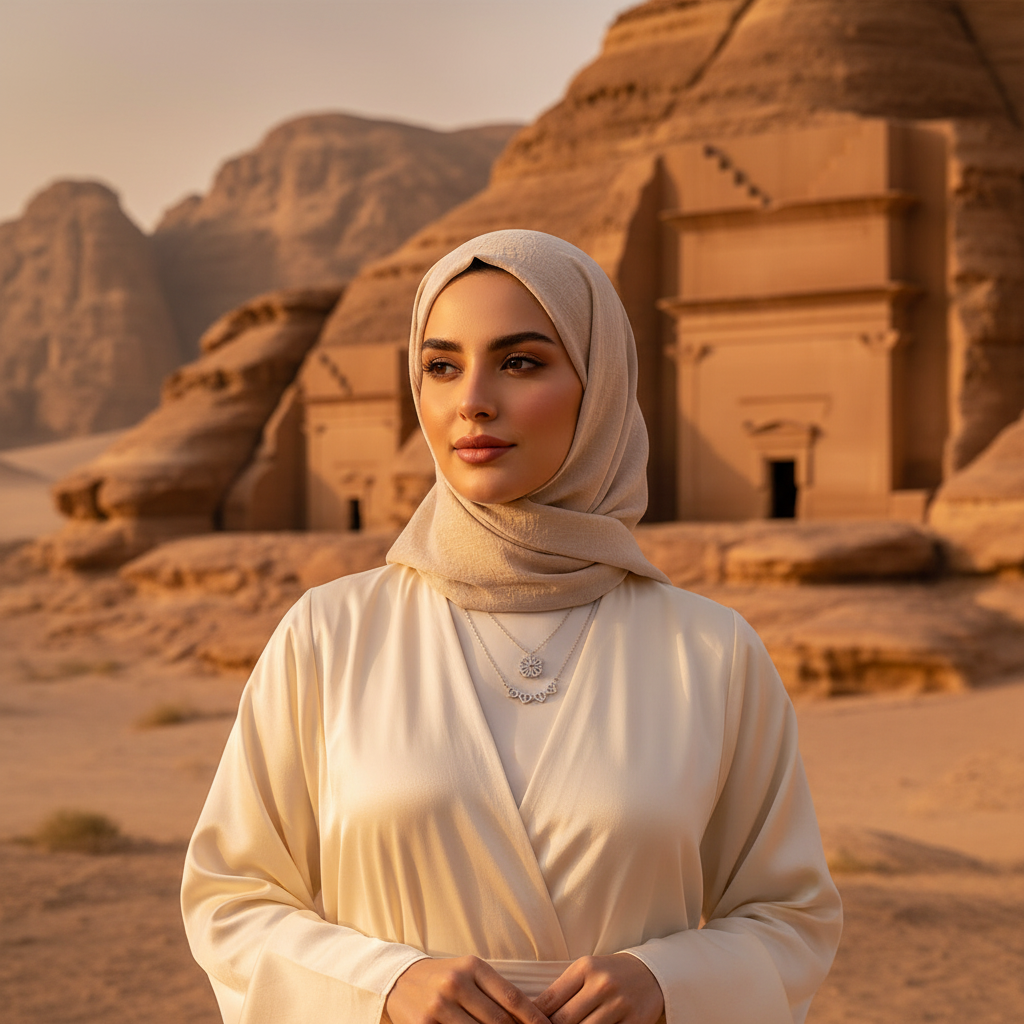 Modelo saudita em AlUla usando Heart Clover Necklace