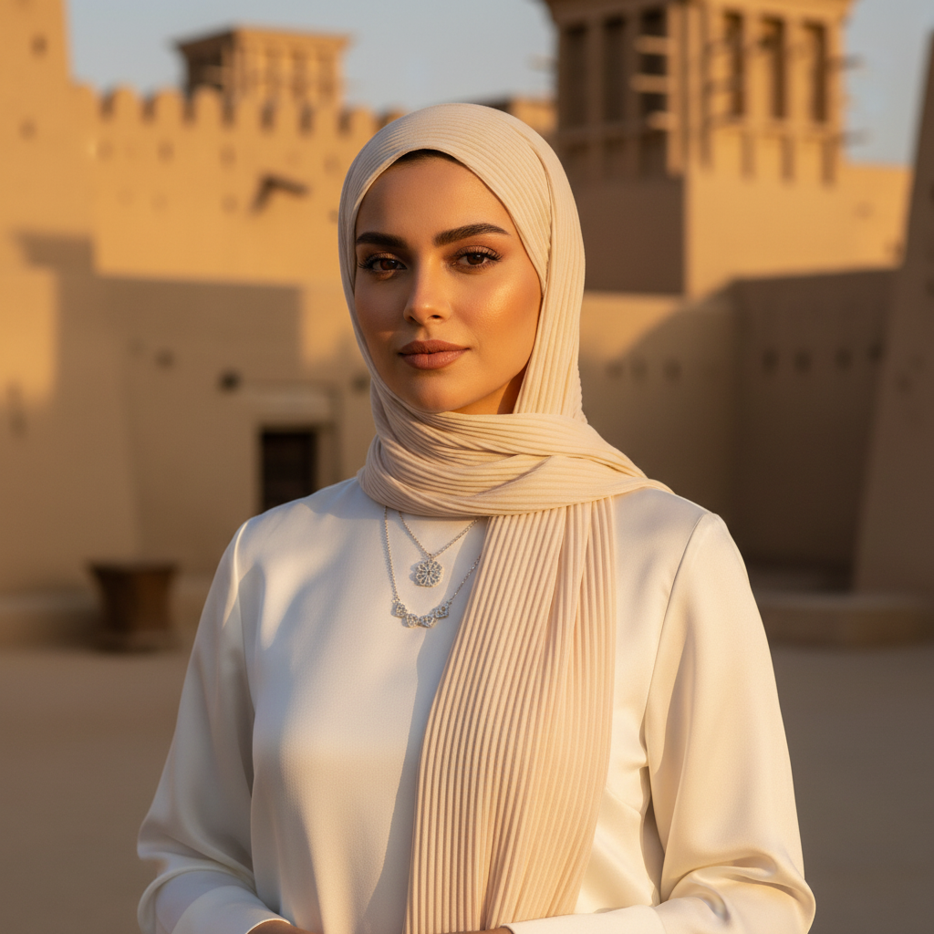 Modelo saudita em Diriyah usando Heart Clover Necklace