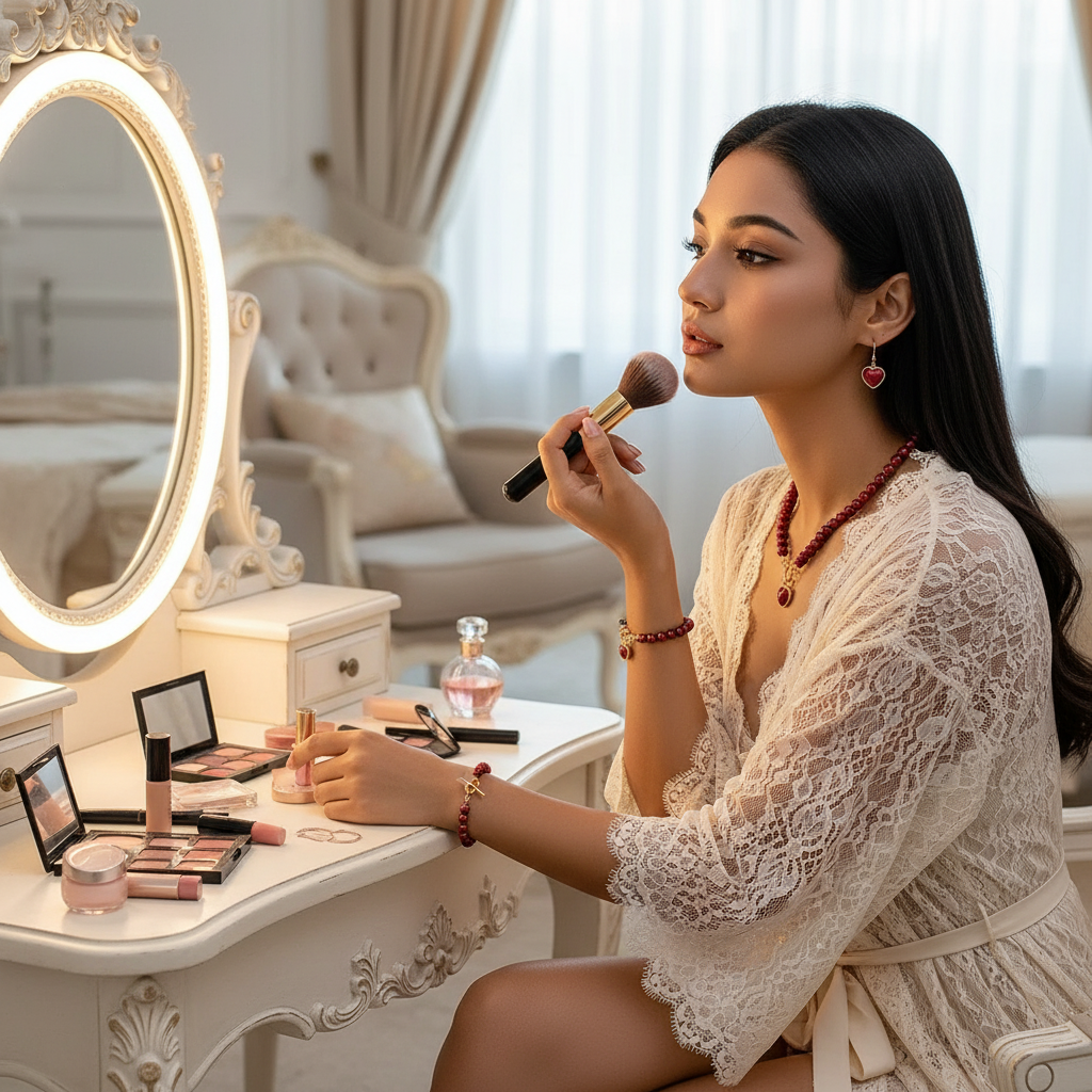 Modelo se maquiando usando conjunto de joias de pérolas