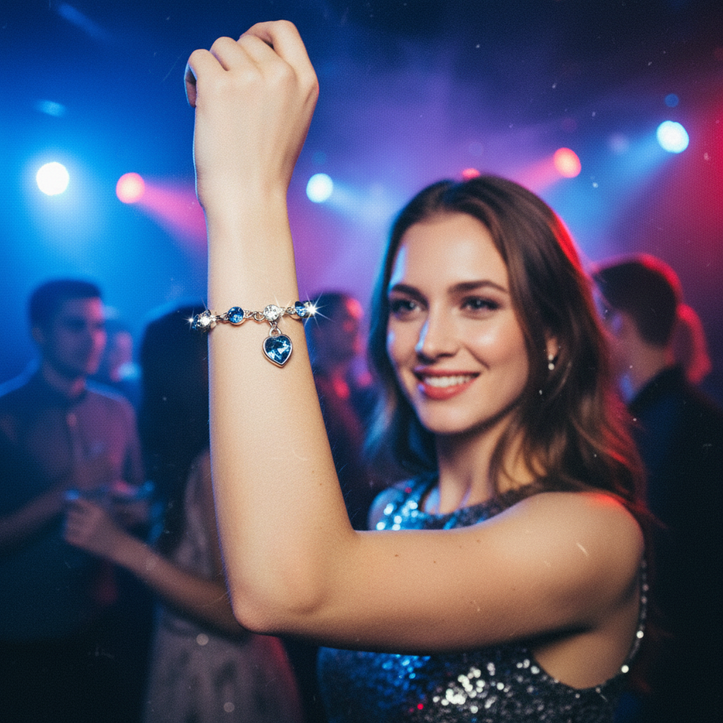 Modelo usando a pulseira na balada - mais real