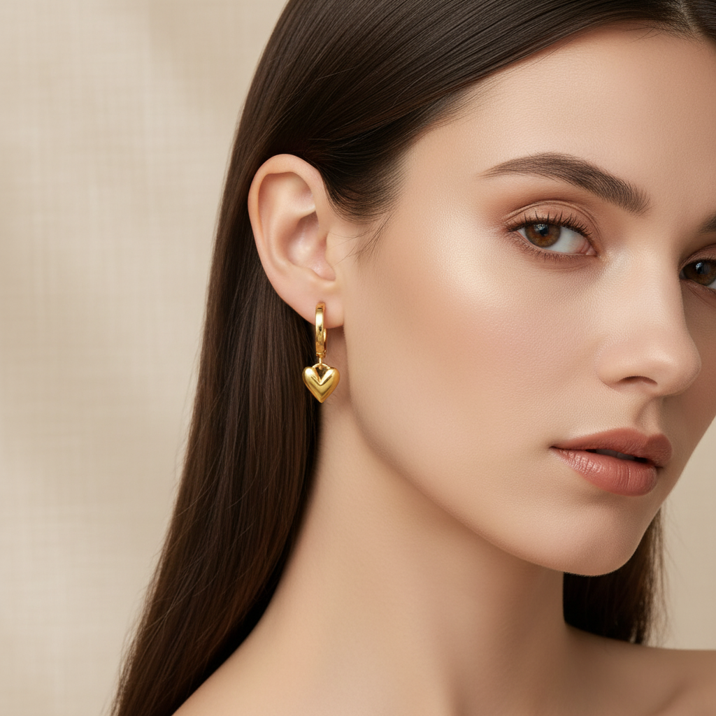 Modelo usando brincos de coração dourados