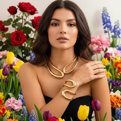 Modelo usando conjunto completo de gargantilha e pulseira em jardim