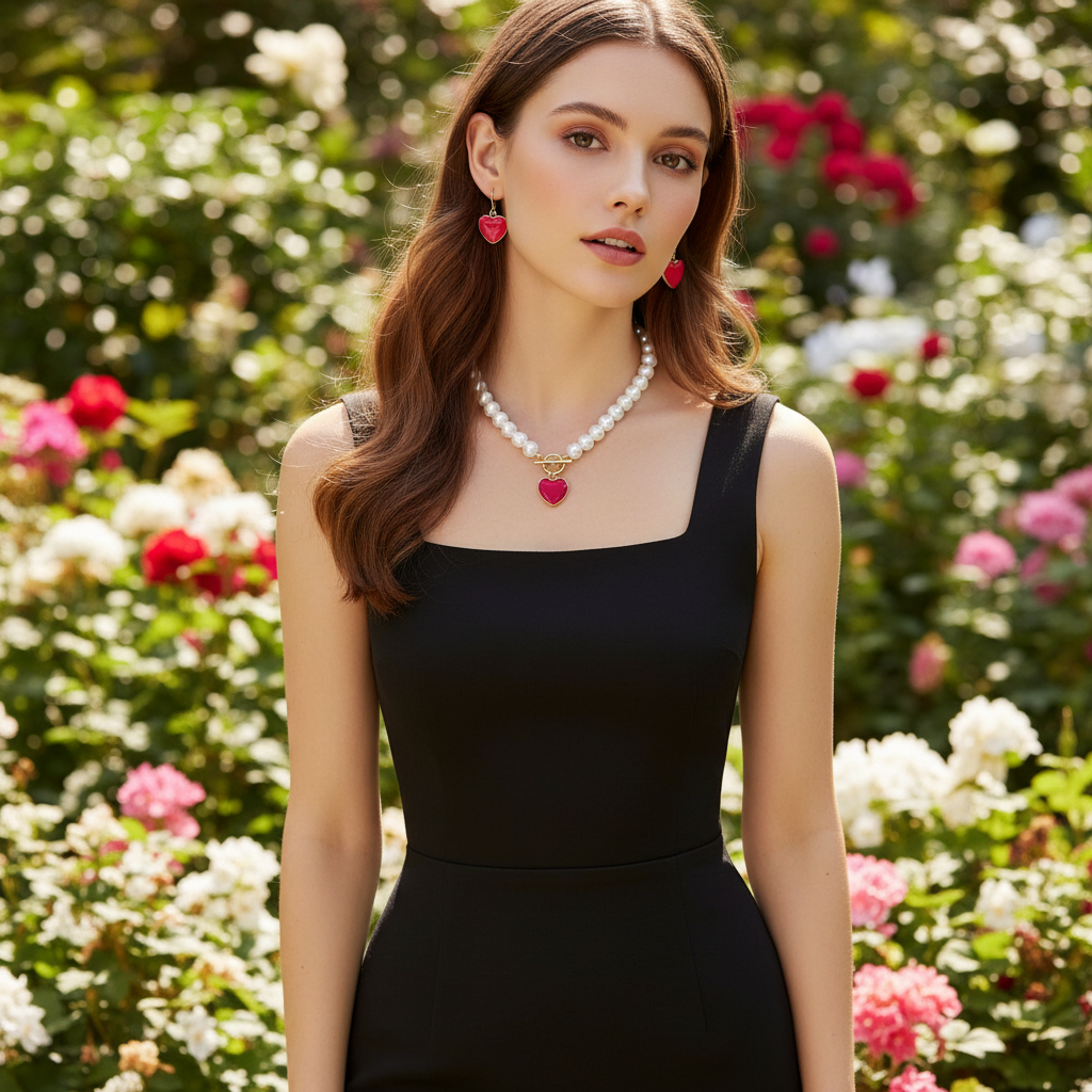 Modelo usando conjunto de joias em jardim ensolarado