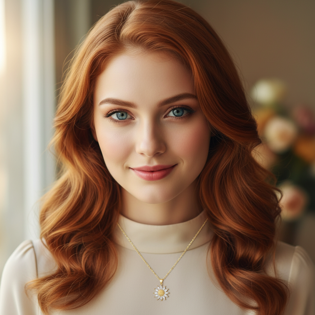 Redhead model wearing sunflower necklace - romantic shot