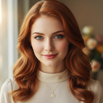 Redhead model wearing sunflower necklace - romantic shot