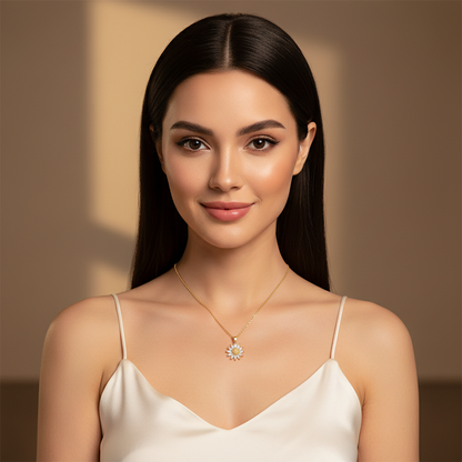 Straight hair model wearing sunflower necklace - timeless
